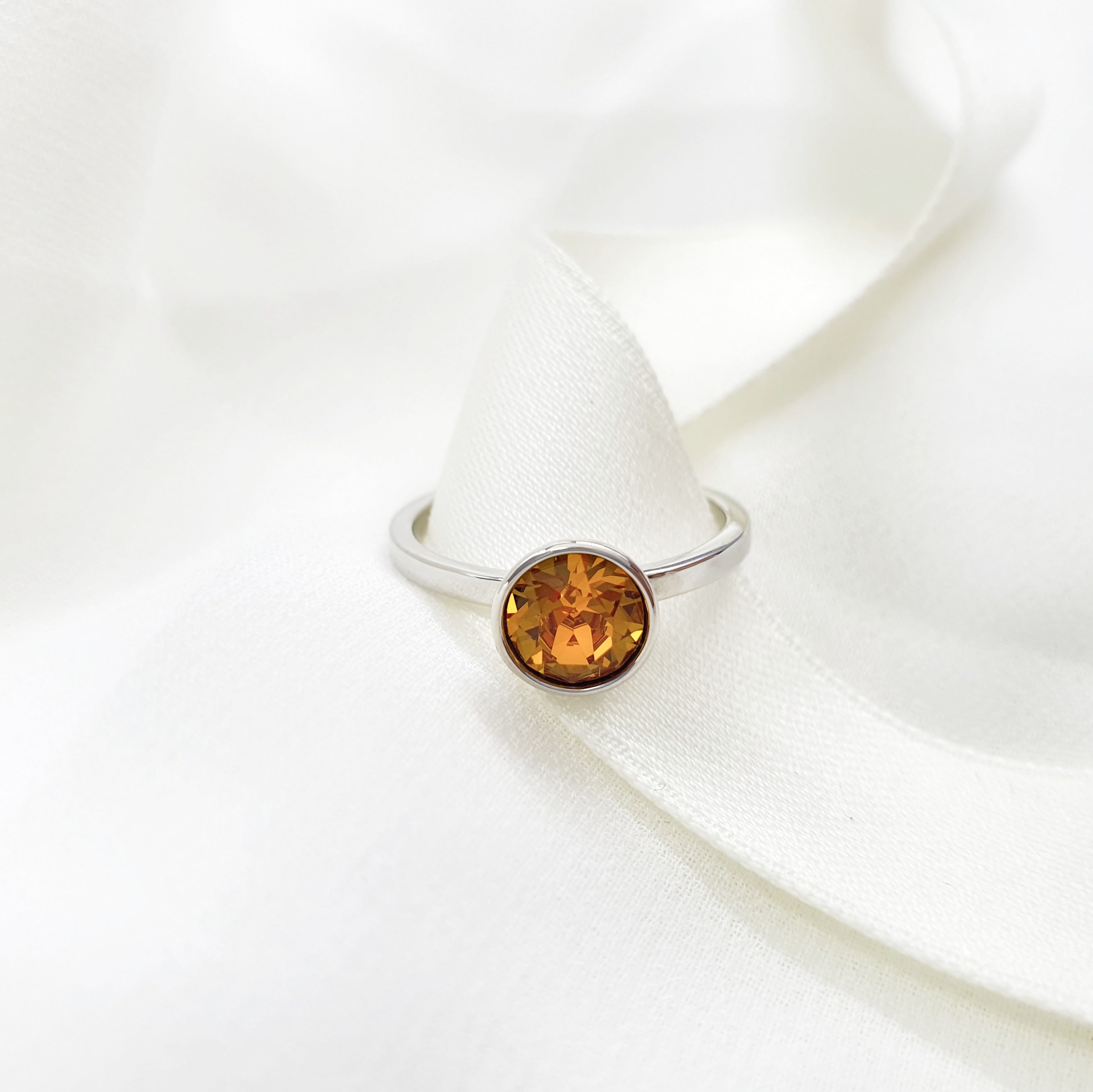 Solitaire Birthstone Ring (Topaz, Pure Rhodium Plated) - Lush Addiction, Crystals from Swarovski