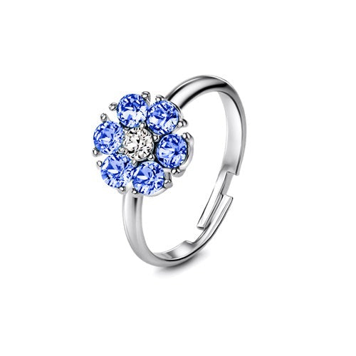 Flower Birthstone Ring (Light Sapphire, Pure Rhodium Plated) - Lush Addiction, Crystals from Swarovski