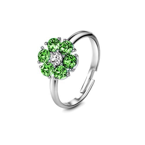 Flower Birthstone Ring (Peridot, Pure Rhodium Plated) - Lush Addiction, Crystals from Swarovski
