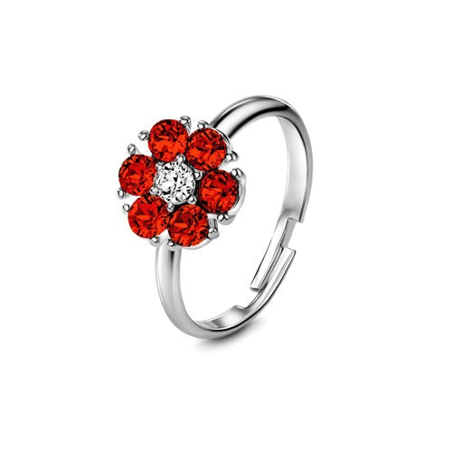 Flower Birthstone Ring (Garnet, Pure Rhodium Plated) - Lush Addiction, Crystals from Swarovski