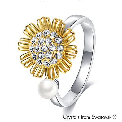 Sunflower Ring Clear Crystal 18K Gold and Pure Rhodium Plated Lush Addiction Crystals from Swarovski