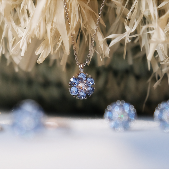 Flower Birthstone Necklace (Light Sapphire, Pure Rhodium Plated) - Lush Addiction, Crystals from Swarovski